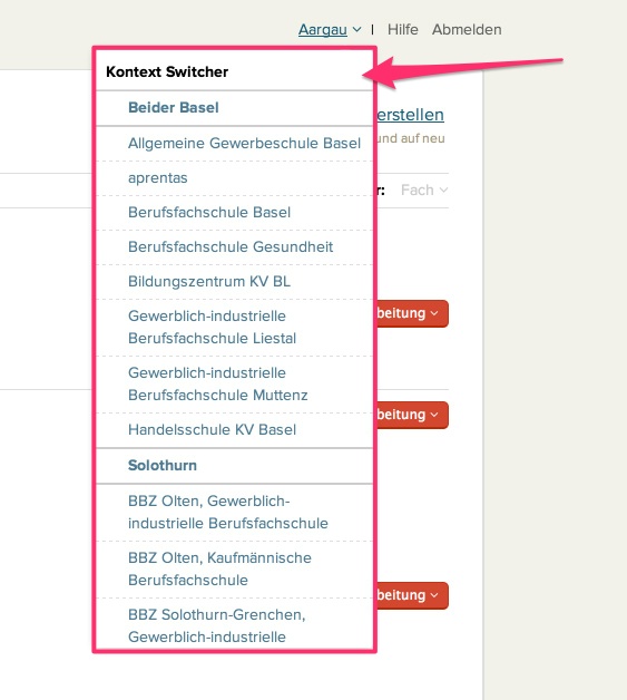 Kontext Switcher geöffnet
